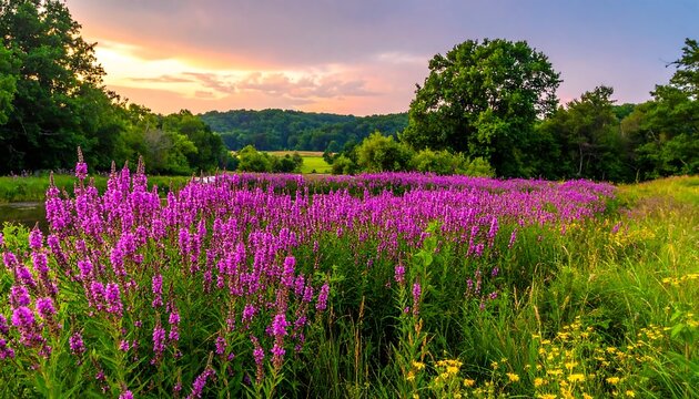 Vibrant Field of Purple Flowers at Sunset with Rolling Hills.