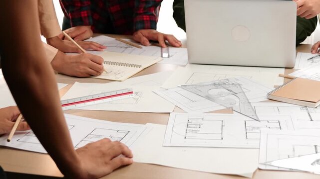 Architect and safety engineer discussion about building blueprint displaying on laptop on table with architectural document and wooden block scatter around at modern office. Closeup. Delineation.