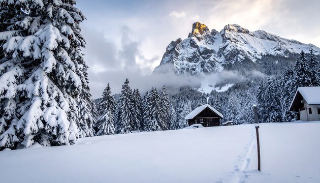 Snowy mountain scene with trees, houses, and bright sunshine - Powered by Adobe