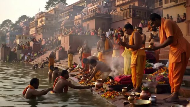 Hindu rituals on a riverbank, priests perform prayers, with people in the background, for travel/culture