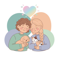 Couple Cuddling Pets Dog And Cat With Pastel Heart Above Their Heads Gentle Connection And Love In A Soft Flat Design Illustration