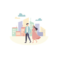 Couple Enjoying A Stylized Park Walk Under An Umbrella With Soft Flat Color Design In The City With Raindrops And Trees