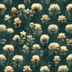 Seamless vintage clover flower pattern on dark teal paper, tileable botanical background