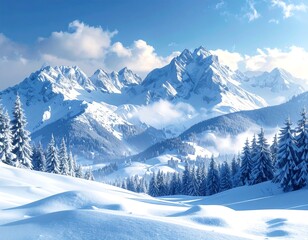 Snowy mountains and pine trees under a clear blue sky