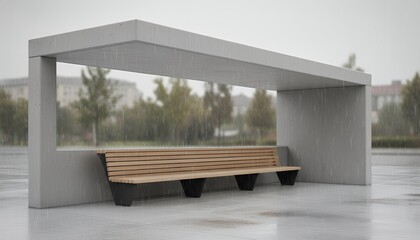 Modern bus stop shelter with wooden bench in urban setting rain shelter pavilion