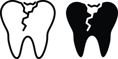 Cracked Broken Tooth Icon. Dental Fracture, Damage, and Emergency Repair or Vector Silhouette and Pictogram..eps