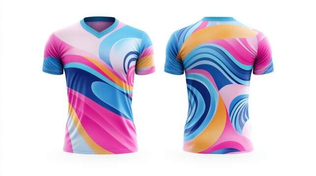 a multicolor football team jersey mockup in shades of neon pink, black, and silver, showcasing a bold, abstract pattern with sleek diagonal lines and flowing accents, - Powered by Adobe