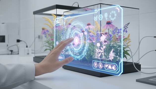 Hand interacting with holographic display in modern laboratory setting native wildflower patch