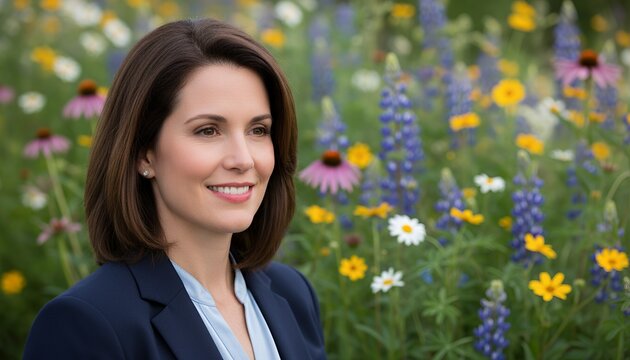 Confident woman smiling in flower garden during sunny day native wildflower patch