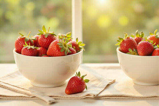 Fresh strawberries in two bowls on a table by the window - Powered by Adobe