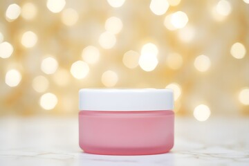 Pink cream jar with bokeh background for skincare and beauty product display use