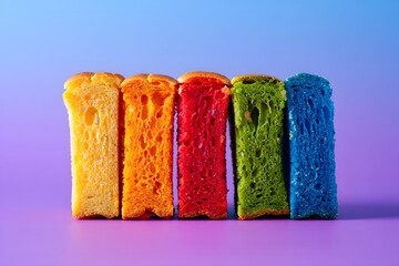 Rainbow bread slices on a vibrant background showcasing colorful baked goods neatly arranged