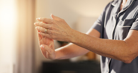 Stretching, hands and person with wrist pain in home, carpal tunnel or injury relief with...