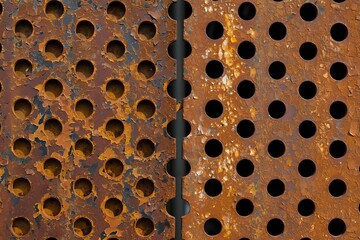 Rusty metal sheet with holes and peeling paint creates an industrial texture design look