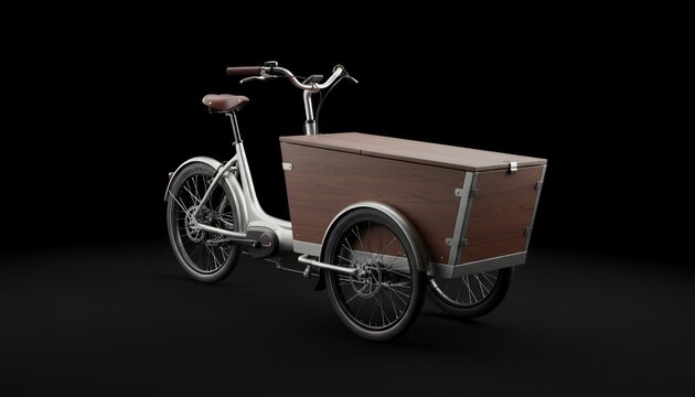 Cargo bicycle with wooden storage box on dark background zero emission delivery