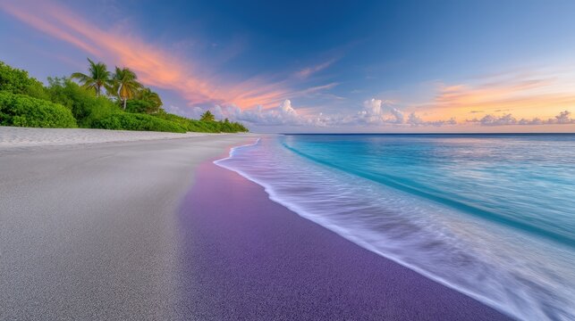 Serene Tropical Beach at Sunset With Gentle Waves and Colorful Sky Over Lush Greenery and Pebble Shoreline - Powered by Adobe