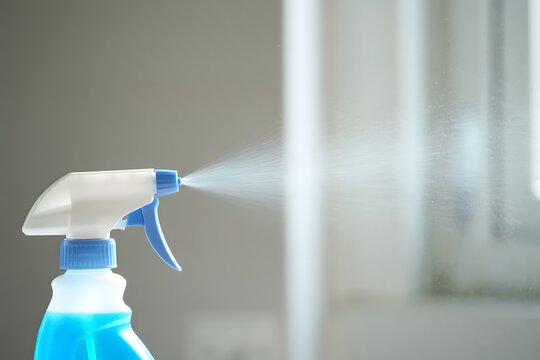 Spraying blue cleaning solution for disinfecting surfaces in a bright environment