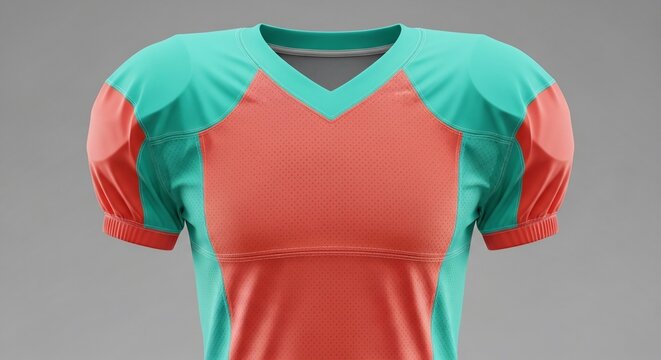 Close-up of a Football Jersey with Teal and Orange Colors.