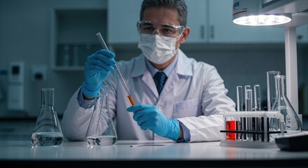 The Scientist in The Laboratory: A focused scientist, shielded in protective gear, meticulously examines a sample within a modern laboratory setting.