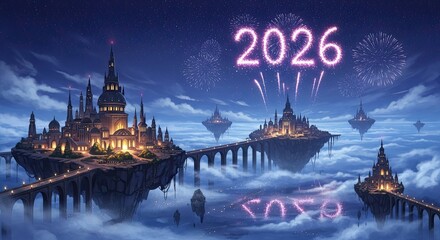 Magical floating castles celebrate the year 2026 with fireworks