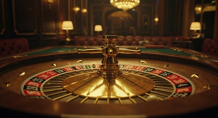 Roulette Wheel in a Luxurious Casino: The iconic roulette wheel sits center stage in an opulent casino, its design and surroundings embodying the thrill of chance and the allure of high-stakes gaming.