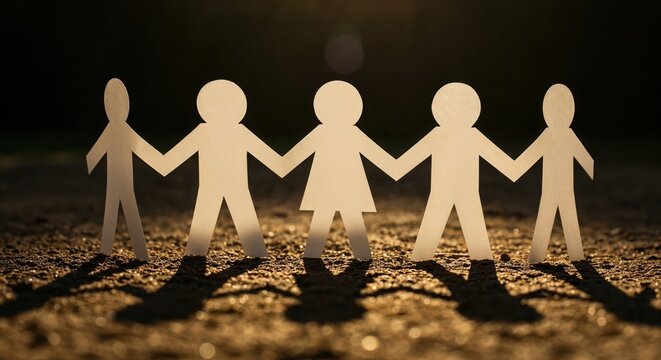 Unified Figures: Symbolic representation of interconnected figures, hands joined in solidarity against a backdrop of shadowed depths, expressing unity and human connections.