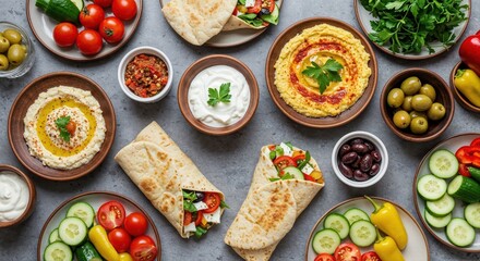 Culinary Mosaic: A vibrant array of mediterranean cuisine presents an enticing variety of flavors and textures, featuring colorful vegetables, dips, and wraps. 