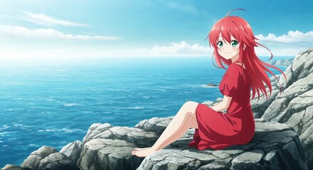 Serenity by the Sea: A young woman, adorned in a vibrant red dress, finds solace perched upon a rugged cliff, gazing towards the endless horizon of the sea.