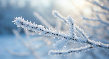 Obraz premium Winter's Icy Embrace: A macro shot captures the delicate beauty of ice crystals clinging to bare branches, a scene of serene winter frost and crisp air.