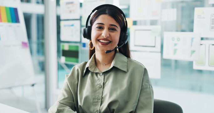 Happy woman, portrait and consultant with headset for web help or tech support in office. Female person, agent or smile with mic for virtual assistance, communication or online advice in workplace - Powered by Adobe