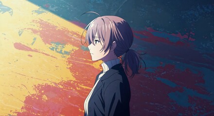 Obraz premium Profile of contemplation: A young woman's portrait, bathed in light and introspection. She looks off towards a horizon, reflecting a sense of peace and deep thought, against an artistic backdrop.