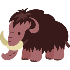 Cute cartoon woolly mammoth with brown fur and large tusks standing on a white background