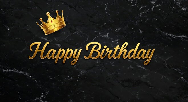 Golden Birthday Wishes: A luxurious golden crown rests elegantly above the words Happy Birthday in a beautiful gold script, against a dark, marble background.