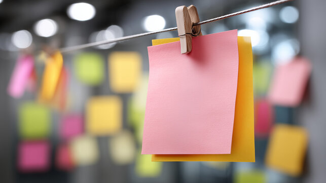 Sticky Note Post It Board Office. Business people meeting at office and use post it notes to share idea. Brainstorming concept. Sticky note on glass wall or blackboard. Set of colorful blank notes.