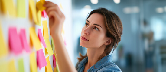 Sticky Note Post It Board Office. Business people meeting at office and use post it notes to share idea. Brainstorming concept. Sticky note on glass wall or blackboard. Set of colorful blank notes.