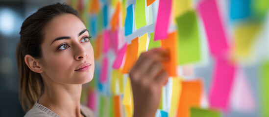 Sticky Note Post It Board Office. Business people meeting at office and use post it notes to share idea. Brainstorming concept. Sticky note on glass wall or blackboard. Set of colorful blank notes.