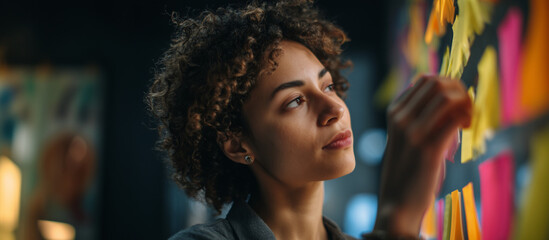 Sticky Note Post It Board Office. Business people meeting at office and use post it notes to share idea. Brainstorming concept. Sticky note on glass wall or blackboard. Set of colorful blank notes.