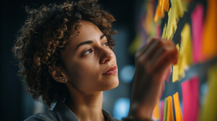 Sticky Note Post It Board Office. Business people meeting at office and use post it notes to share idea. Brainstorming concept. Sticky note on glass wall or blackboard. Set of colorful blank notes.