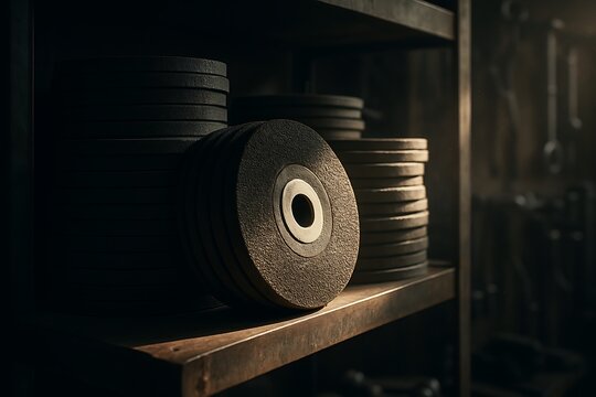 Abrasive Wheels on Workshop Shelf in Natural Sunlight - Powered by Adobe