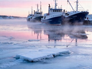 Fishing boats docked in icy harbor with steam rising from the water at sunrise