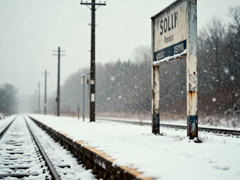 A snowy train station platform with tracks disappearing into the distance on a winter day
