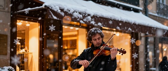 Man playing violin on a snowy street in front of a shop window