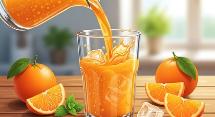 Fresh Orange Juice Being Poured into a Glass with Ice and Oranges.