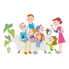 リビングのソファーに座っている老父婦と仲良し家族