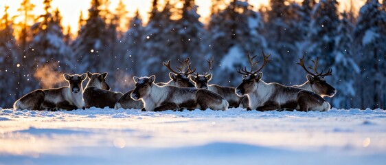 Herd of reindeer resting in a snowy forest during a golden sunset with falling snow