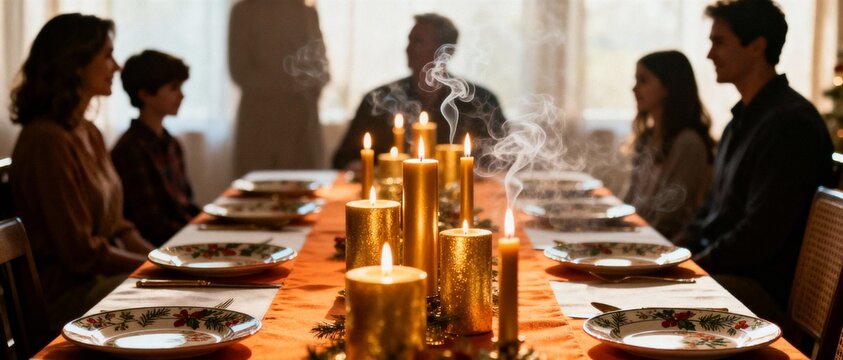 Family gathered around a long dining table set with candles and plates for a festive meal