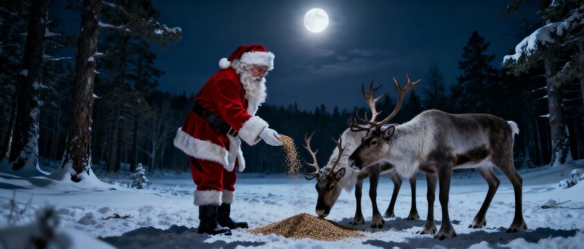Santa claus feeding reindeer in a snowy forest under a full moon at night