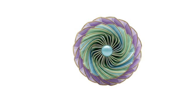 Topdown view of a decorative rosette with a swirling design in shades of green, blue, and purple, isolated on transparent background