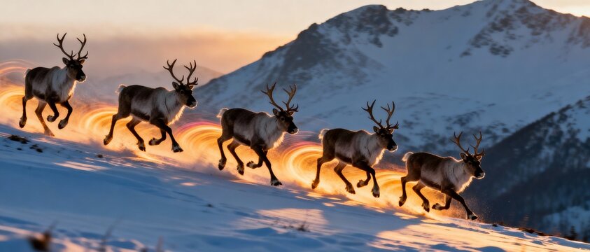 A herd of reindeer running down a snowy mountain slope during a golden sunset