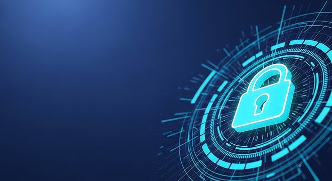 Digital security lock icon on futuristic background